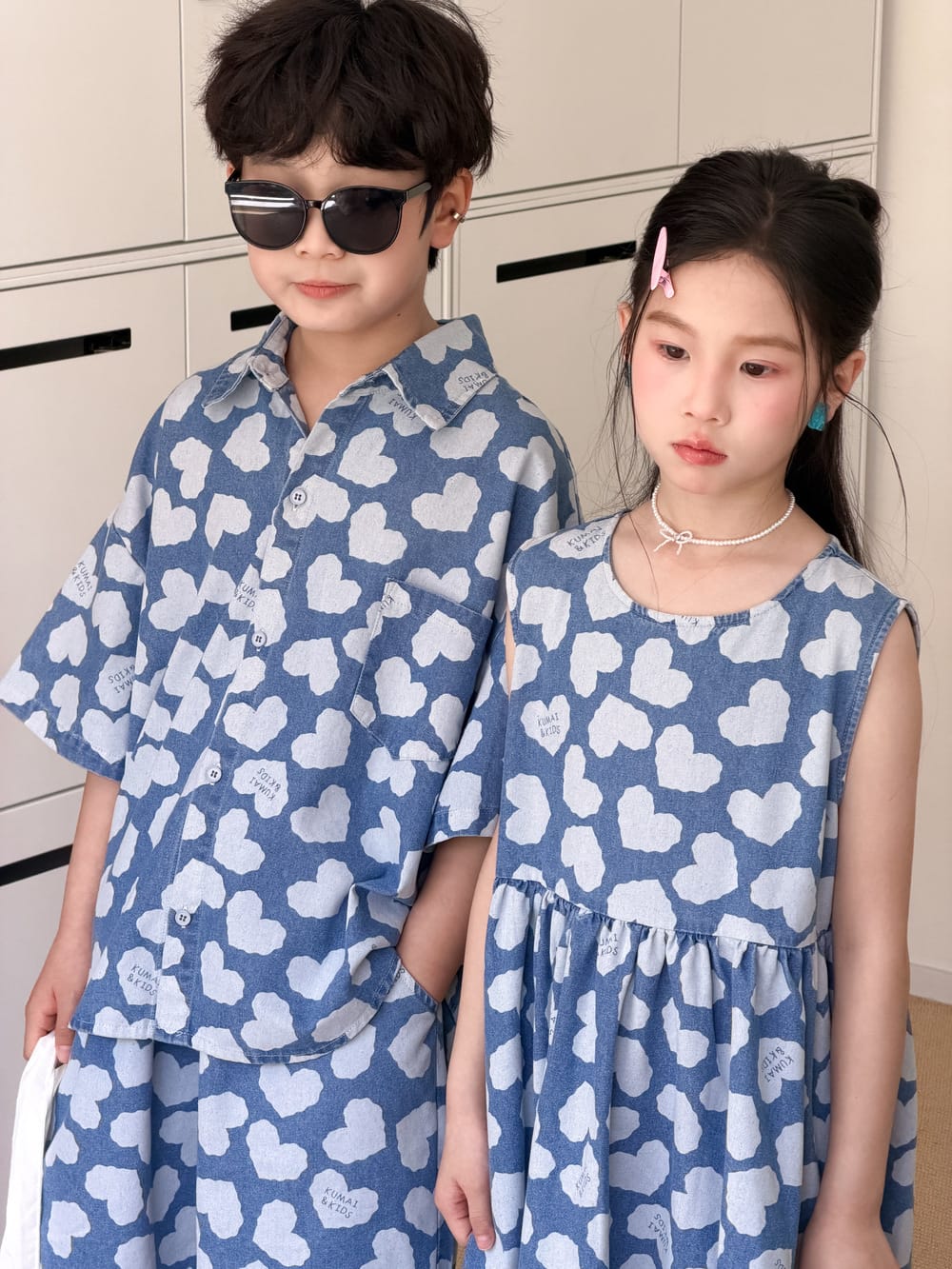 Heart Pattern Denim Set Dress ハート 半袖シャツ ハーフパンツ ノースリーブワンピース【mh0013526】
