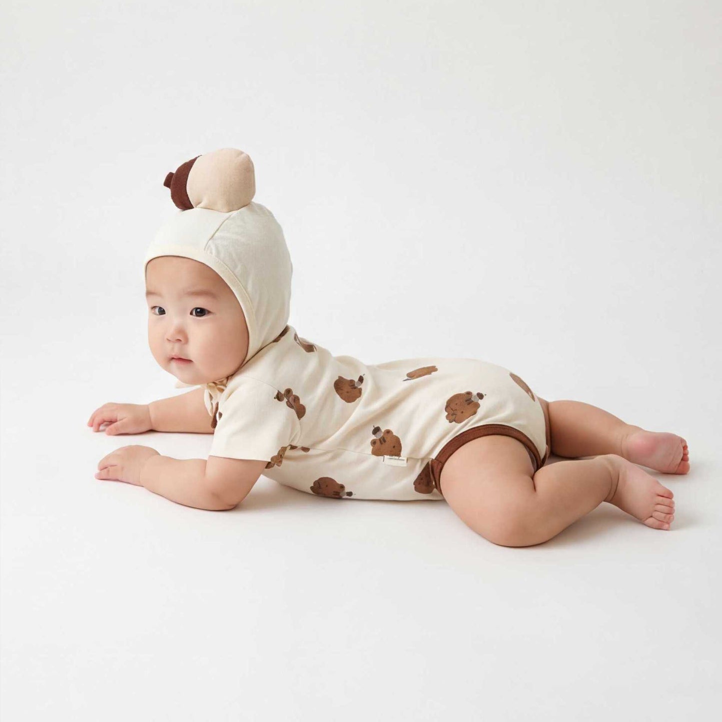 Short Sleeved Squirrel Print Jumpsuit With Chestnut Hat リスプリント 半袖ロンパース【mh0013360】