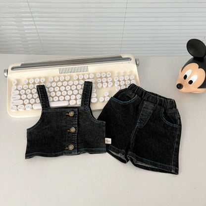 黒デニム キャミソール&ショートパンツ セット、青いステッチの2点セット