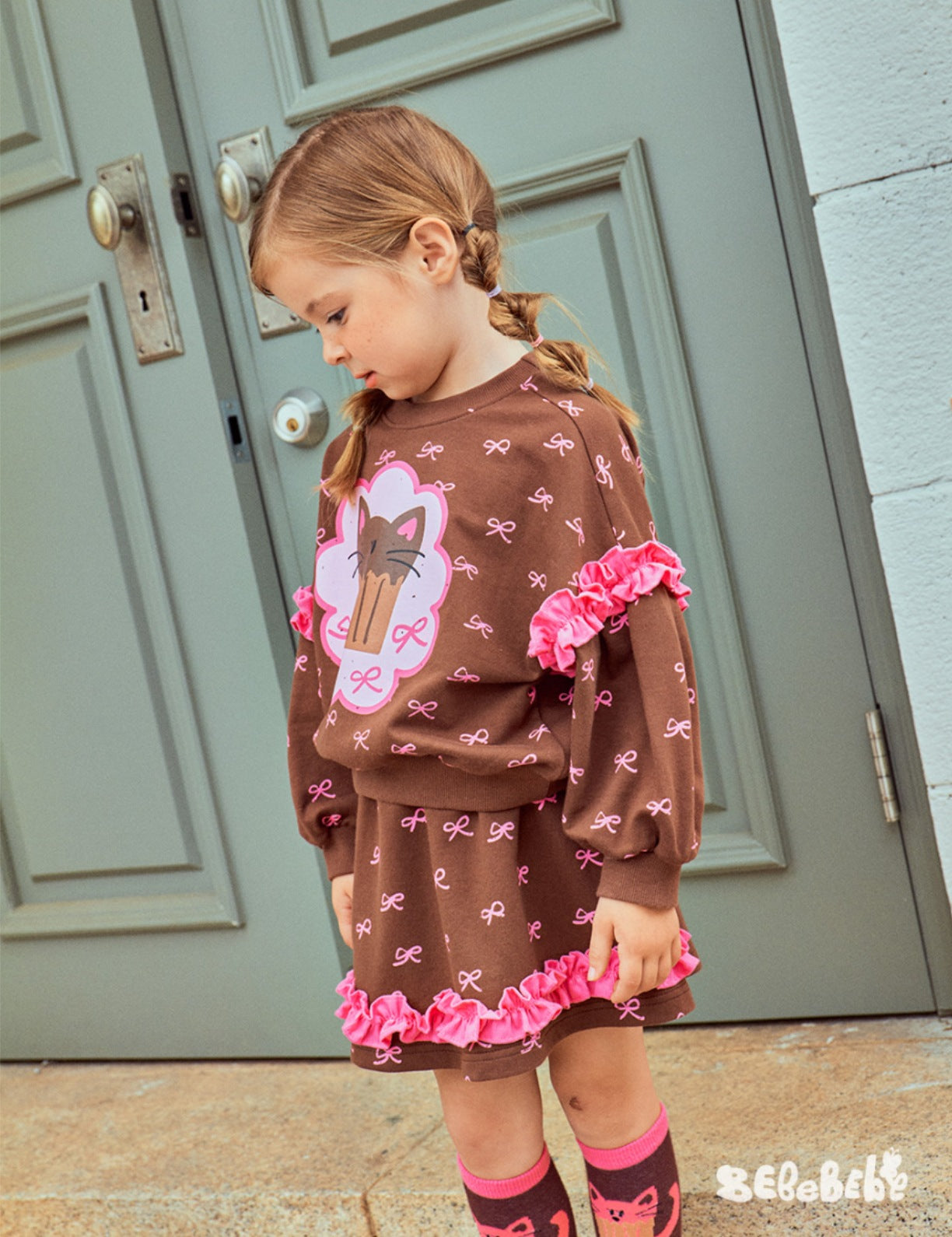 -ねこ柄ジップアップパーカー/フリルスウェットシャツ/フリルキュロットスカート/スカート付きパンツ【mh0010983】 - mamahalo shop - 長袖セットアップ -  べビー服 - 子供服 - 男の子 - 女の子