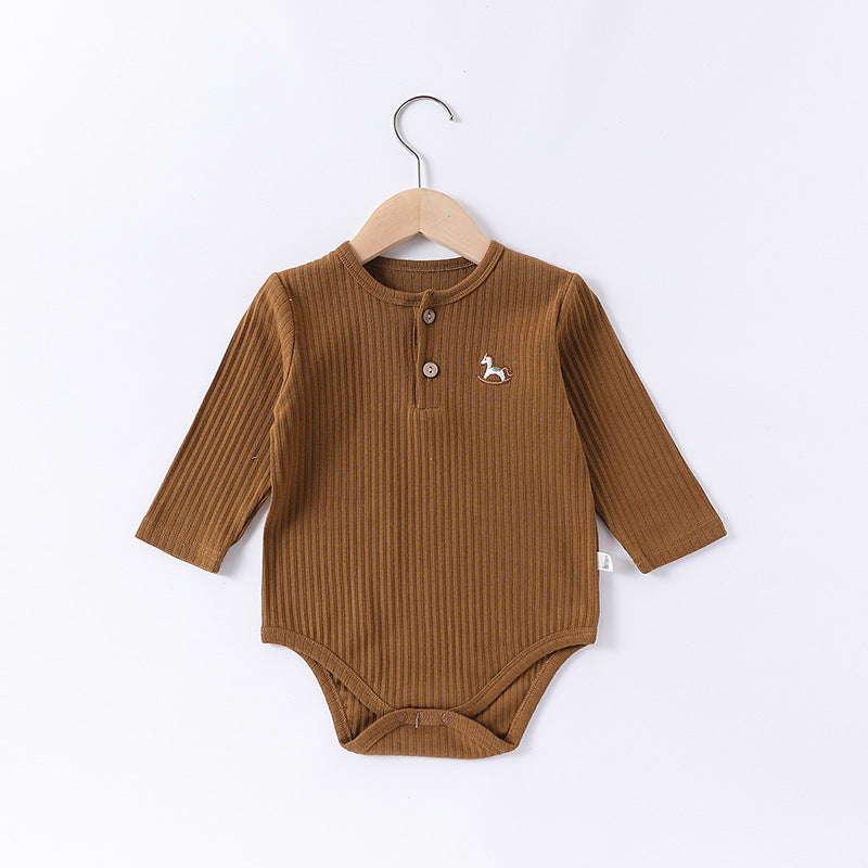 -木馬ワンポイント刺繍リブ長袖ボディスーツ【mh0010742】 - mamahalo shop - 長袖ロンパース -  べビー服 - 子供服 - 男の子 - 女の子