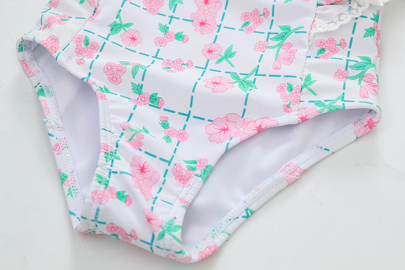 -キッズ 水着 長袖 ワンピース フリル フラワー 花柄 チェック スイムウェア 帽子 セット ガールズ【mh0001992】 - mamahalo shop - ベビー用水着 -  べビー服 - 子供服 - 男の子 - 女の子