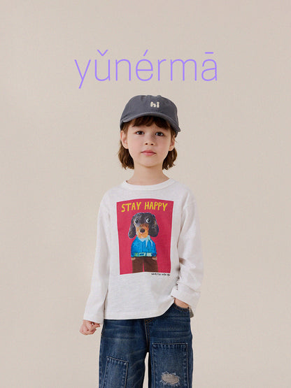 キッズ長袖Tシャツ（ホワイト）ドッグプリントのフロントデザイン