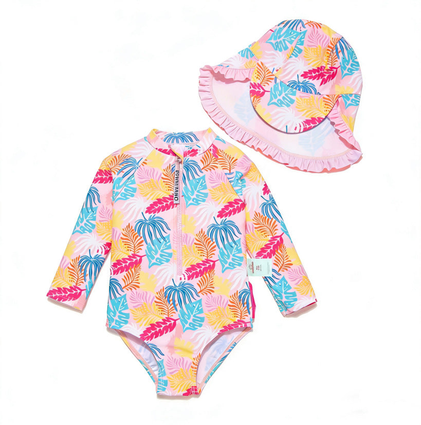 Baby Girls One-piece Sun Protection Surf Suit ボタニカル 長袖水着 帽子セット【mh0013317】