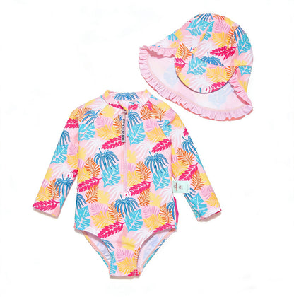 Baby Girls One-piece Sun Protection Surf Suit ボタニカル 長袖水着 帽子セット【mh0013317】