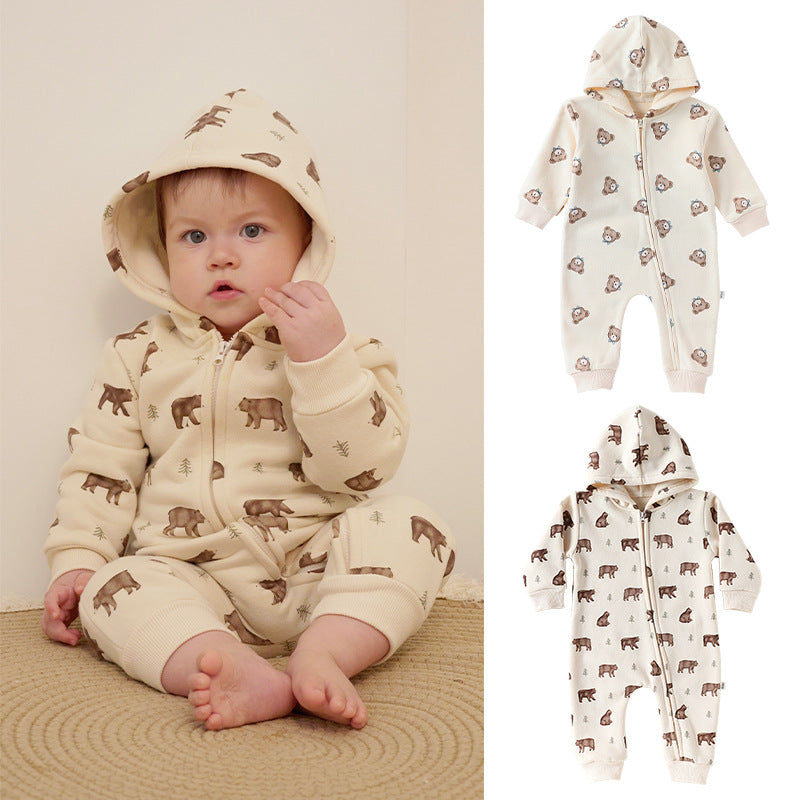 長袖ジャンプスーツ フーディジップアップ クマ柄 裏起毛【mh0011714】