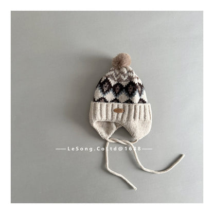 キッズ ニット帽 ノルディック柄 耳当て付き ボンボン 韓国風【mh0011593】