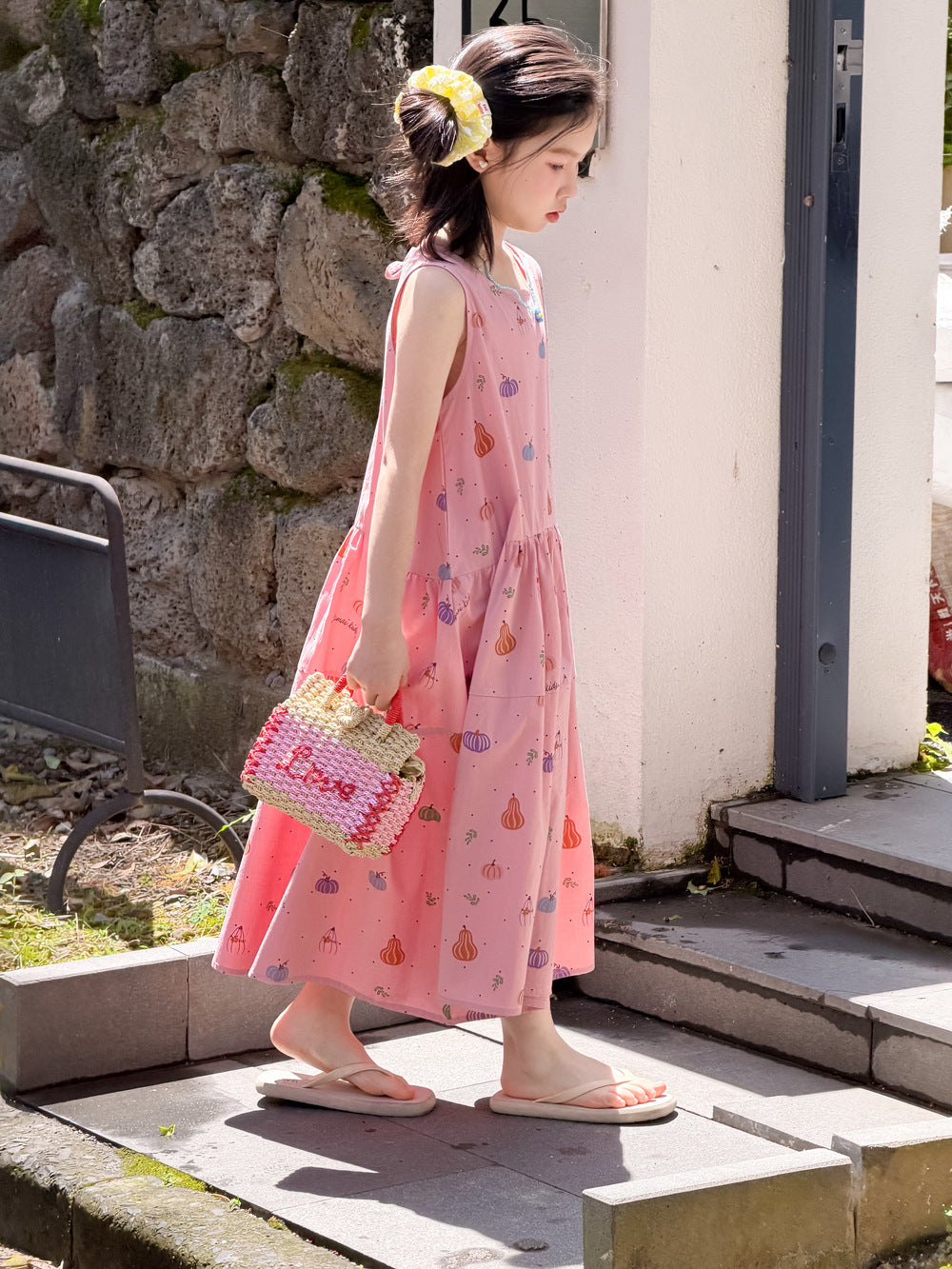 Pumpkin Mixed Vegetable Print Set Dress ベジタブル 半袖シャツ ハーフパンツ ノースリーブワンピース【mh0013527】