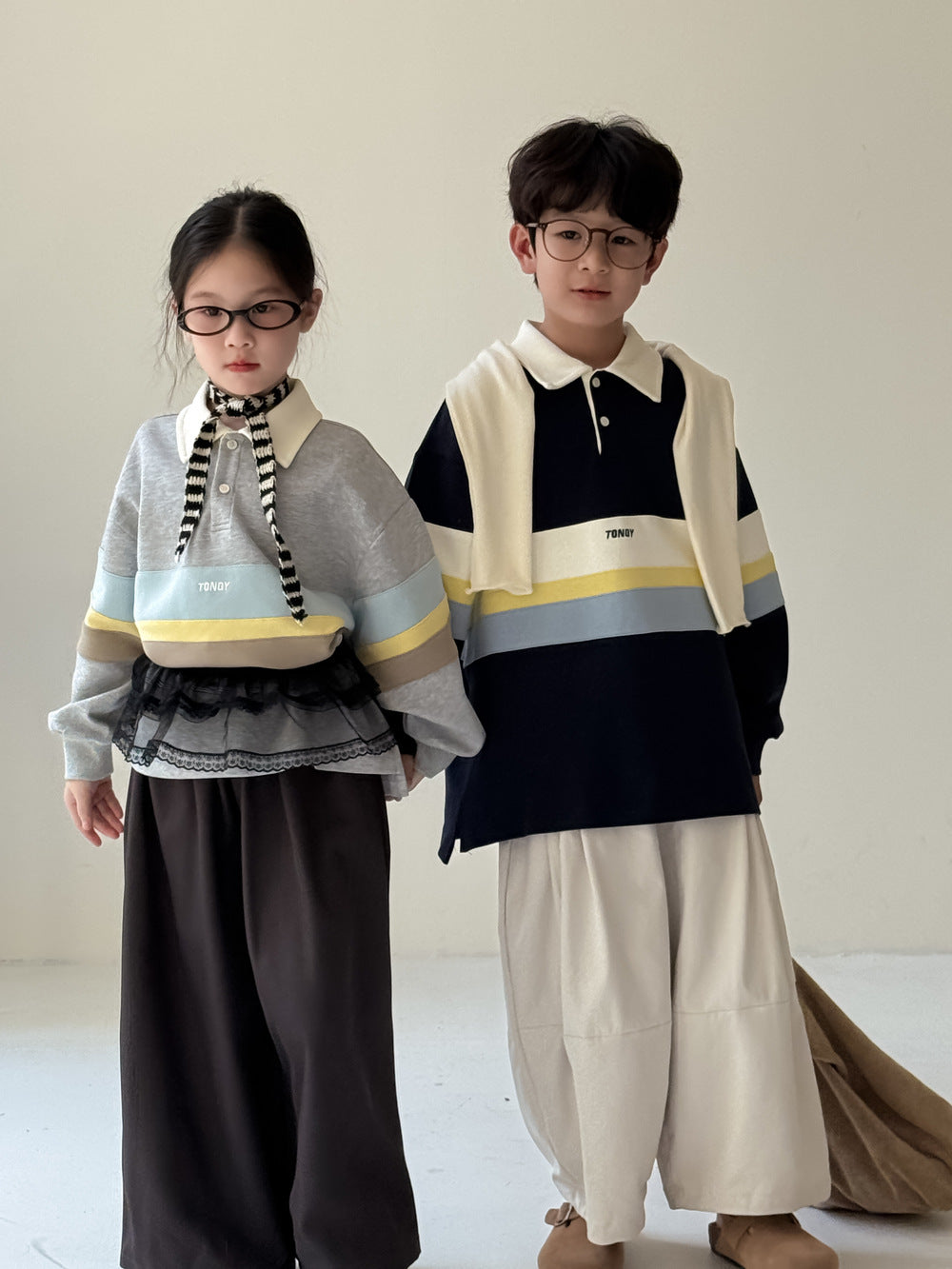 -ビッグボーダー長袖スウェットポロシャツ ロゴ刺繍入り襟付きトップス【mh0010779】 - mamahalo shop - 長袖シャツ・ブラウス -  べビー服 - 子供服 - 男の子 - 女の子