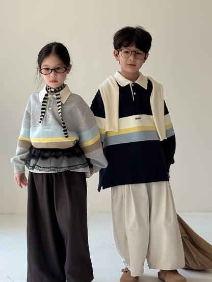 -ビッグボーダー長袖スウェットポロシャツ ロゴ刺繍入り襟付きトップス【mh0010779】 - mamahalo shop - 長袖シャツ・ブラウス -  べビー服 - 子供服 - 男の子 - 女の子