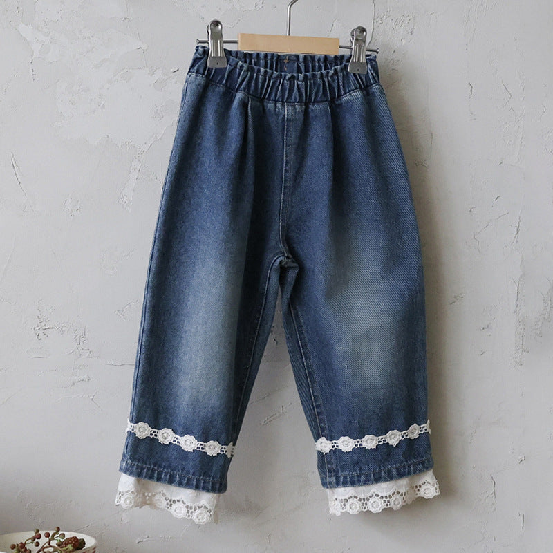 キッズ ジュニア 花柄 レース フリル デニム バギー ワイド ロングパンツ【mh0014796】