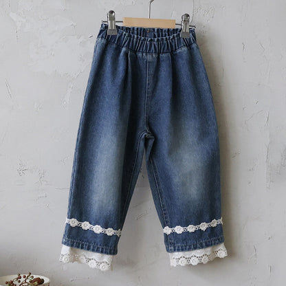 キッズ ジュニア 花柄 レース フリル デニム バギー ワイド ロングパンツ【mh0014796】