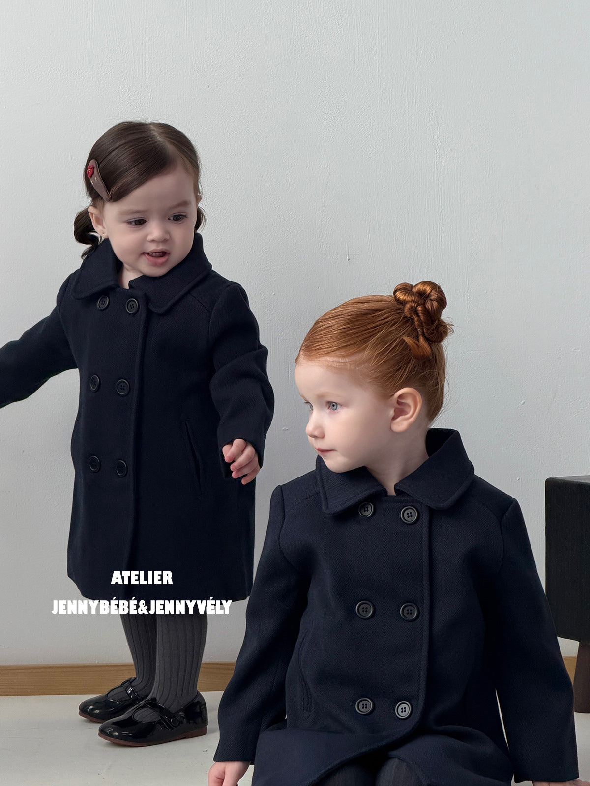 Abrigo de paño de longitud media con cuello y doble botonadura para niños【mh0014661】