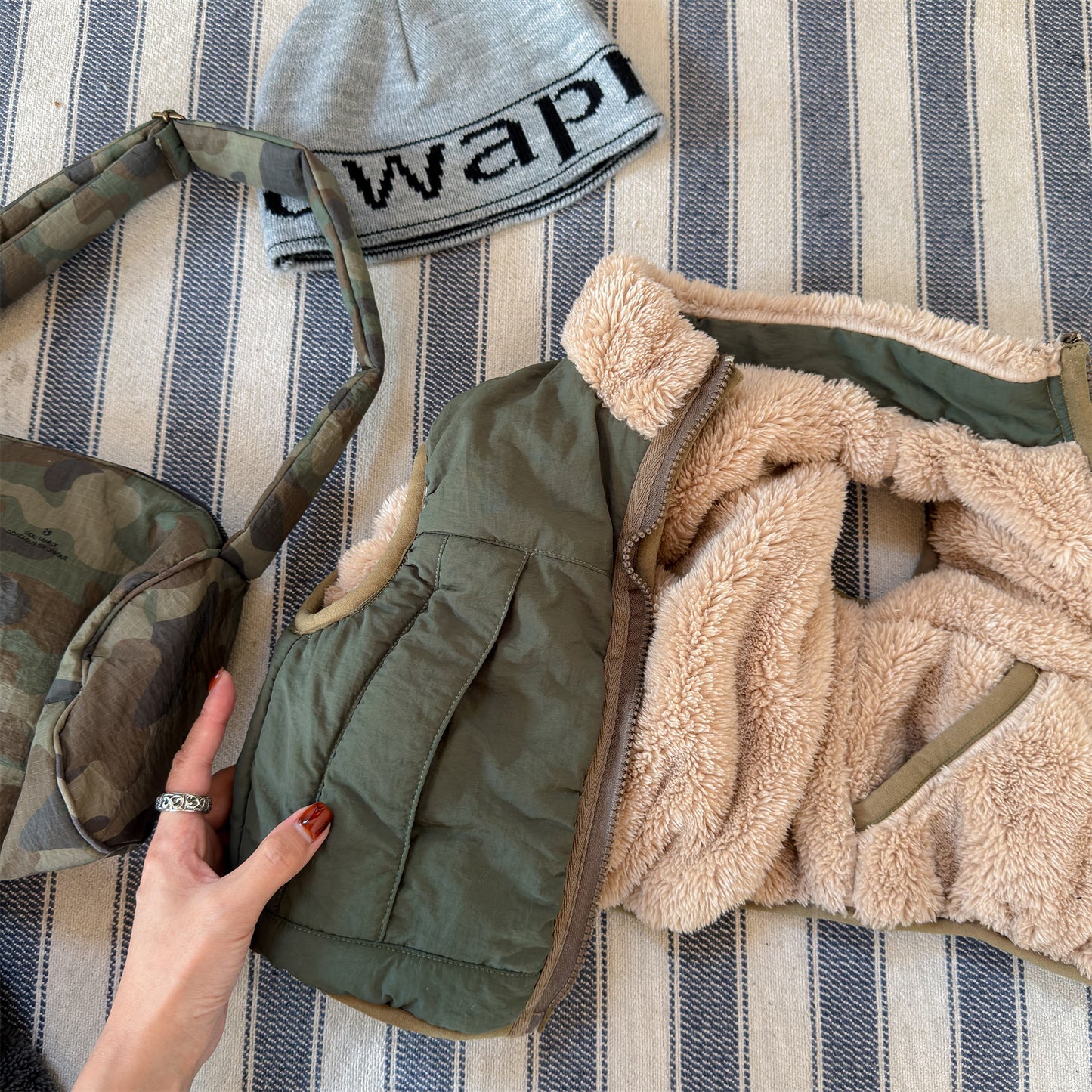 パッチワークベスト 裏ボアフリース スタンドカラー【mh0011920】