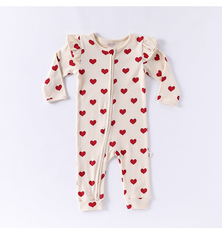 -ハート/リボンプリントジップアップ長袖ジャンプスーツ【mh0010734】 - mamahalo shop - 長袖ロンパース -  べビー服 - 子供服 - 男の子 - 女の子