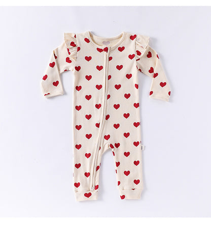 -ハート/リボンプリントジップアップ長袖ジャンプスーツ【mh0010734】 - mamahalo shop - 長袖ロンパース -  べビー服 - 子供服 - 男の子 - 女の子