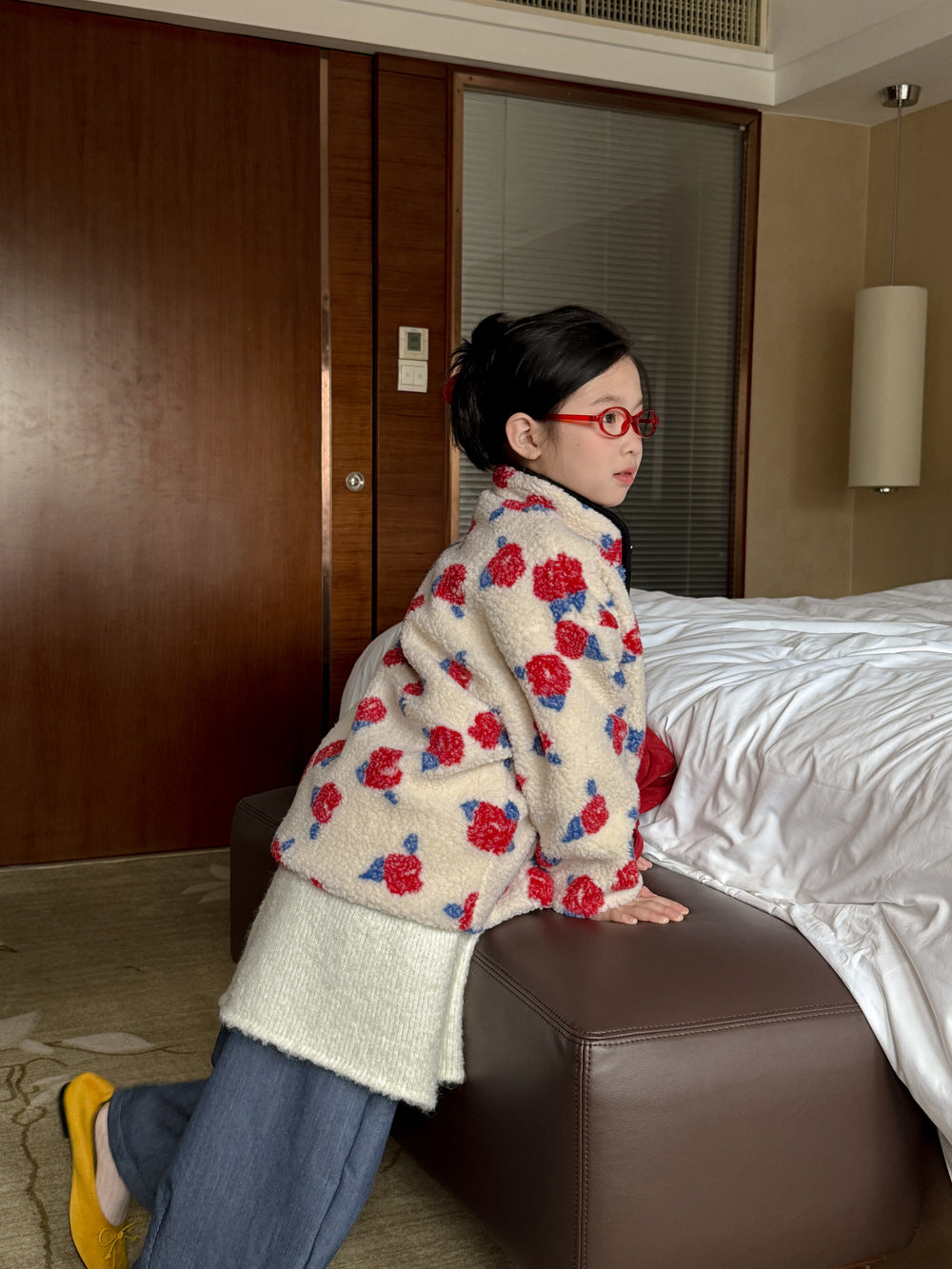 ボアジャケット キッズ フラワープリント 厚手 スタンドカラー カジュアル ジップアウター【mh0011686】