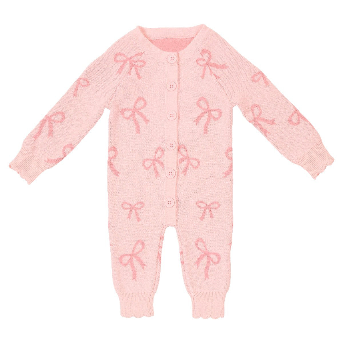 長袖ロンパース ジャカードニット リボン ピンク ジャンプスーツ【mh0011858】