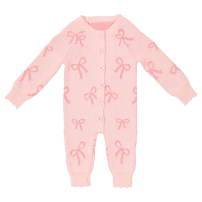 長袖ロンパース ジャカードニット リボン ピンク ジャンプスーツ【mh0011858】