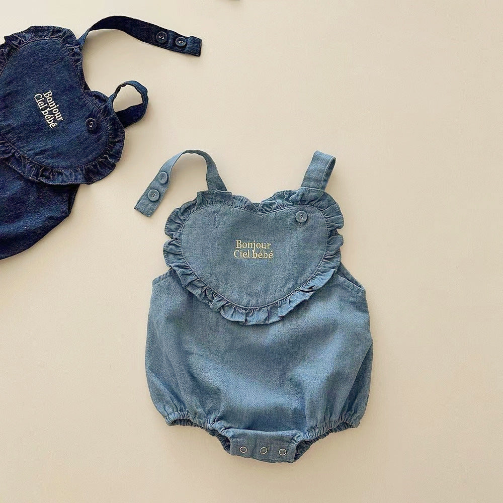 ベビー デニム ハート フリル レターロゴ 刺繍 サロペット ロンパース【mh0001838】