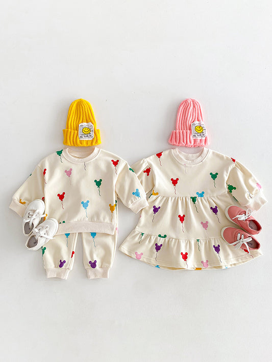 -キッズセットアップ 2点セット 長袖スウェットシャツ ロングパンツ 長袖ワンピース カラフルミッキーバルーンプリント リンクコーデ  姉妹兄弟 お揃いコーデ【mh0003844】 - mamahalo shop - 長袖セットアップ -  べビー服 - 子供服 - 男の子 - 女の子