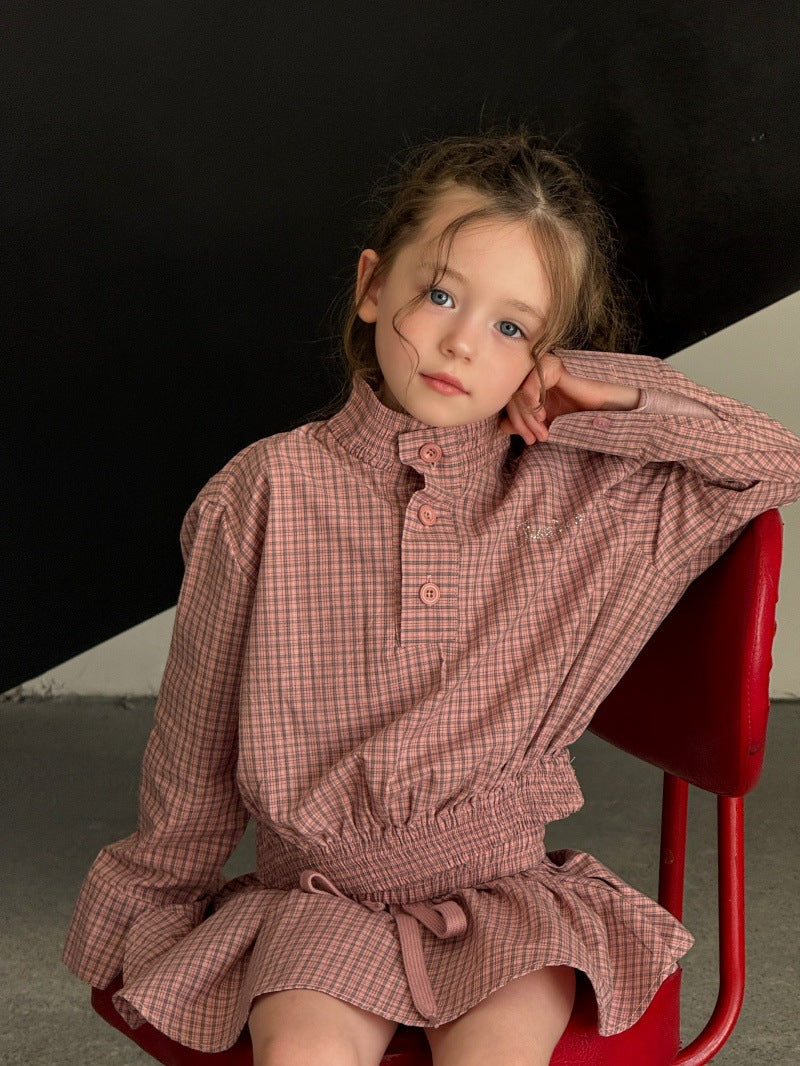 Kids' Plaid Stand-Collar Ruffled Long-Sleeve Shirt and Miniskirt Set [mh0014078]