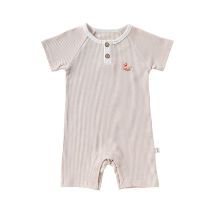 Henley Neckline Short Sleeve Modal Romper ワンポイント 刺繍 半袖ロンパース【mh0012781】