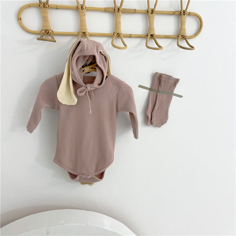 -ベビーロンパース しっぽ付き 長袖ロンパース うさ耳帽子 お揃い靴下 3点セット【mh0000384】 - mamahalo shop - 長袖ロンパース -  べビー服 - 子供服 - 男の子 - 女の子