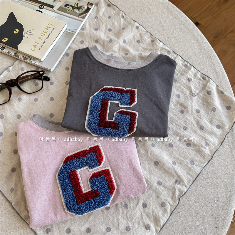 Kids' Alphabet Patchwork Applique Ringer Loose Short-Sleeved T-Shirt [mh0001820]