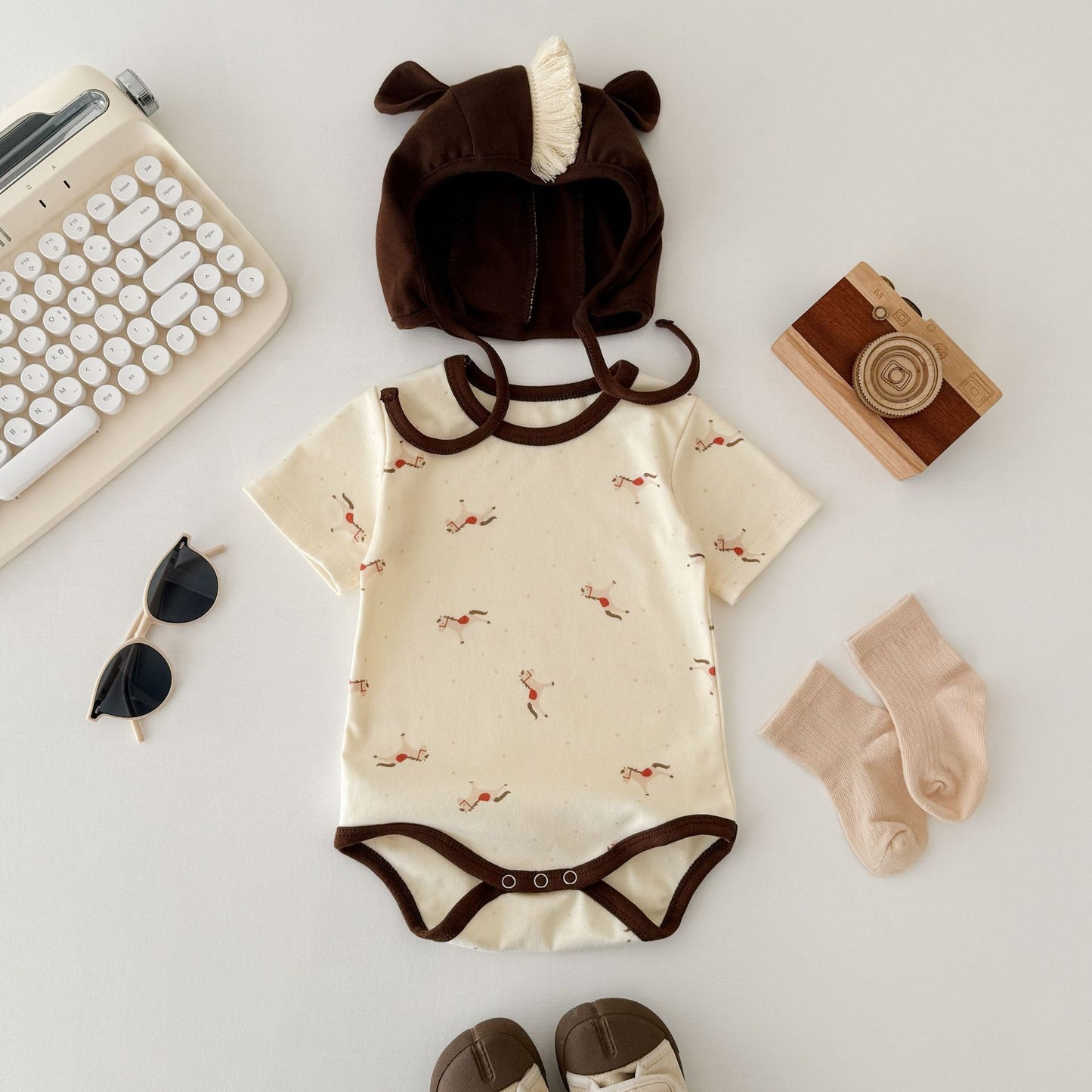 Pony Print Jumpsuit Shorts Set ポニー 半袖ロンパース トップス ショートパンツ セット【mh0013351】