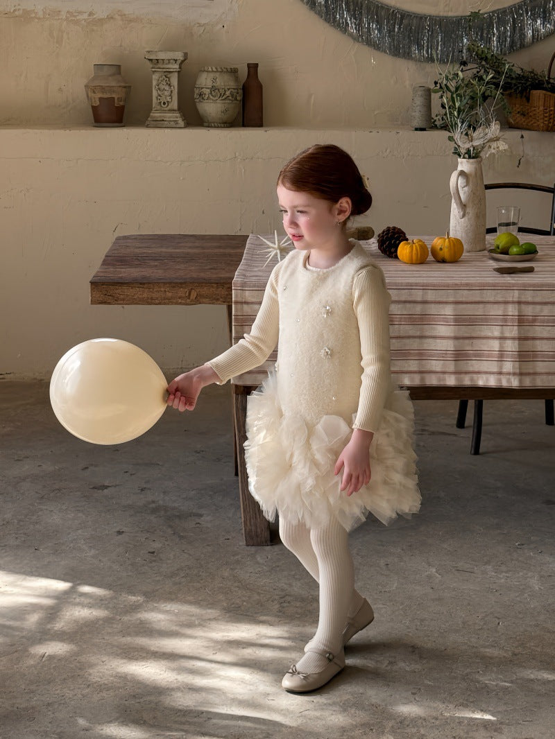 ノースリーブワンピース フリース ボリュームチュールスカート ビーズ刺繍【mh0011887】