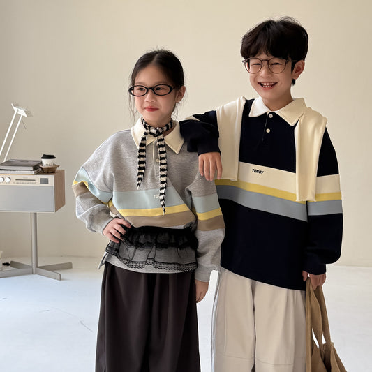 -ビッグボーダー長袖スウェットポロシャツ ロゴ刺繍入り襟付きトップス【mh0010779】 - mamahalo shop - 長袖シャツ・ブラウス -  べビー服 - 子供服 - 男の子 - 女の子