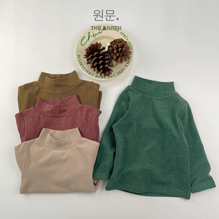 Camiseta de manga larga de cuello alto liso acanalado para niños 【mh0013937】