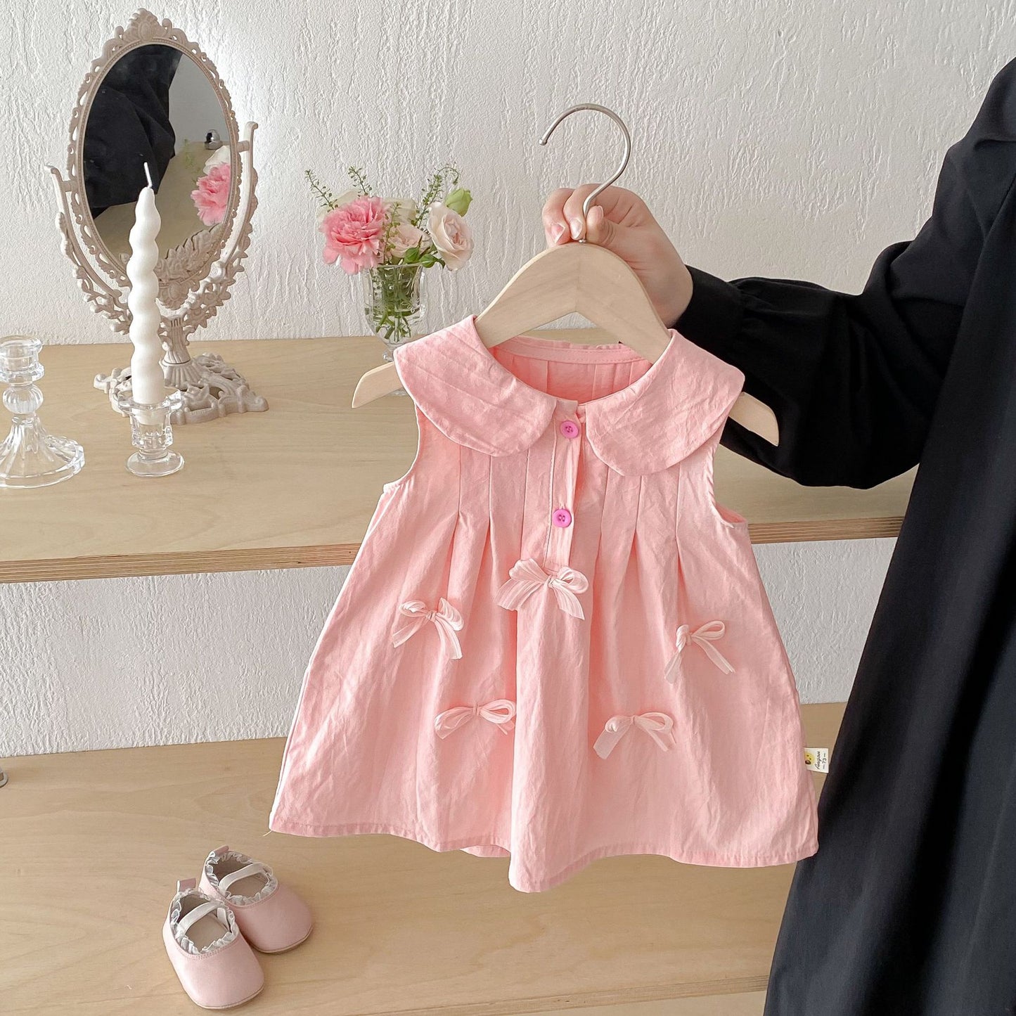 Sleeveless Bow Collared Plisse Dress Romper 立体リボン ノースリーブロンパース ノースリーブワンピース【mh0013434】