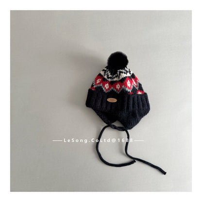 キッズ ニット帽 ノルディック柄 耳当て付き ボンボン 韓国風【mh0011593】