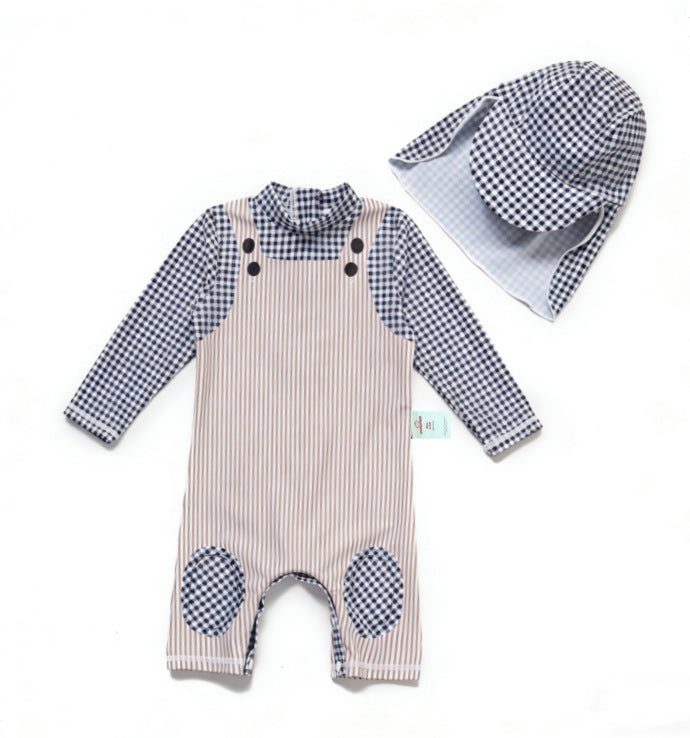 One-Piece Sun Protection Surf Wear プリント 半袖水着 帽子セット【mh0013319】
