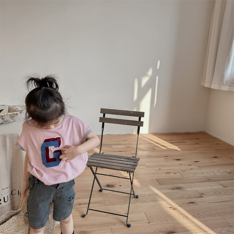 Kids' Alphabet Patchwork Applique Ringer Loose Short-Sleeved T-Shirt [mh0001820]