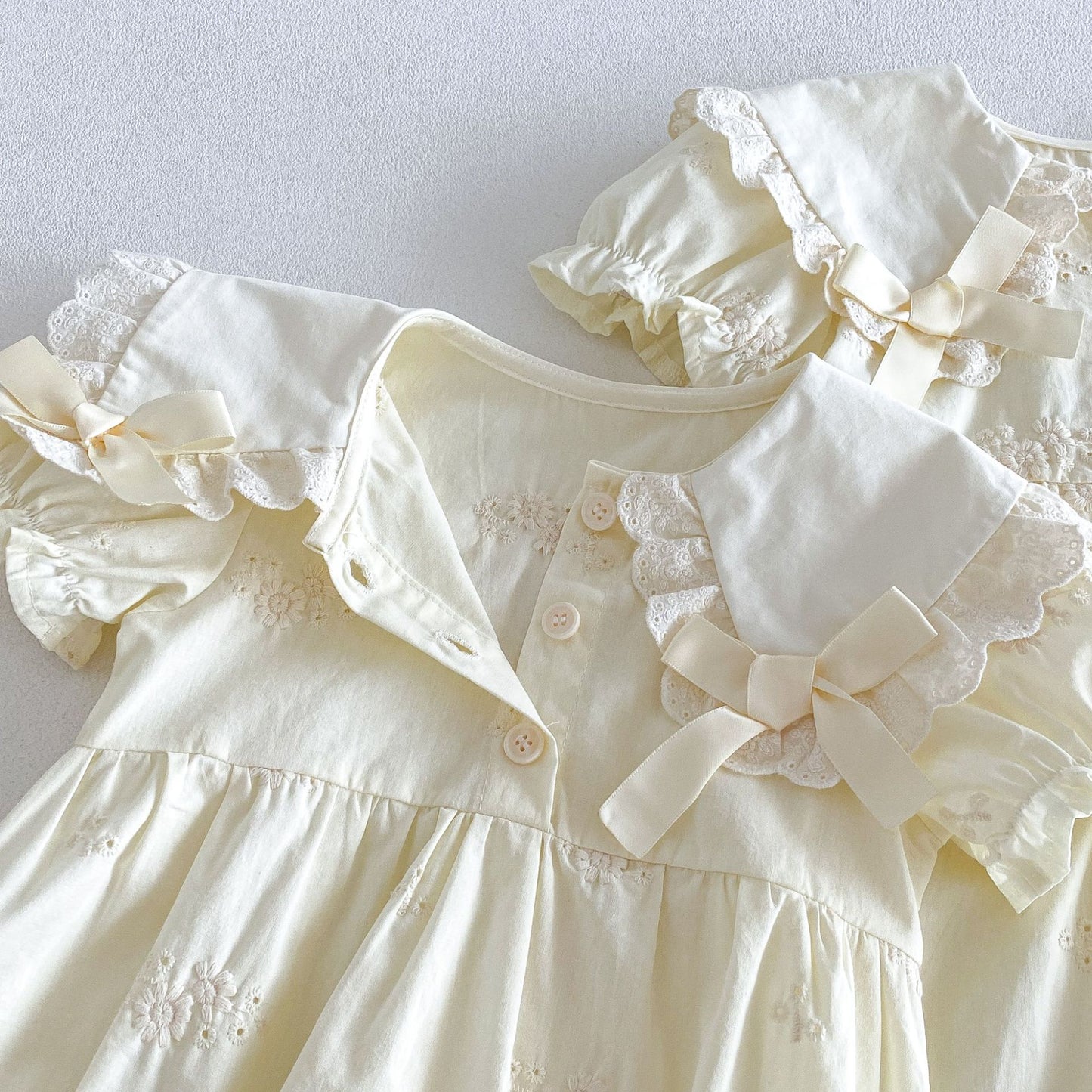 Baby Kids Lace Collar Ribbon Embroidery Puff Sleeve Short Sleeve Romper Dress [mh0013846]