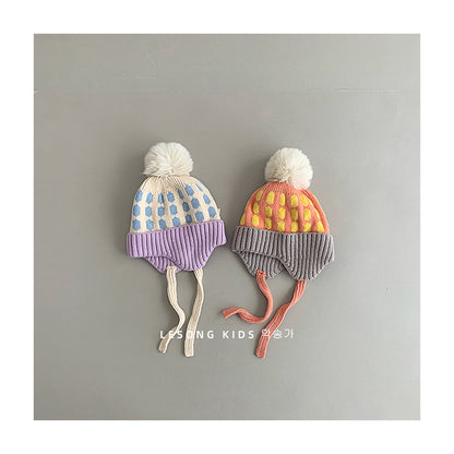 キッズ帽子 ニットキャップ 耳あてぽんぽん付き カラフル 防寒【mh0011794】