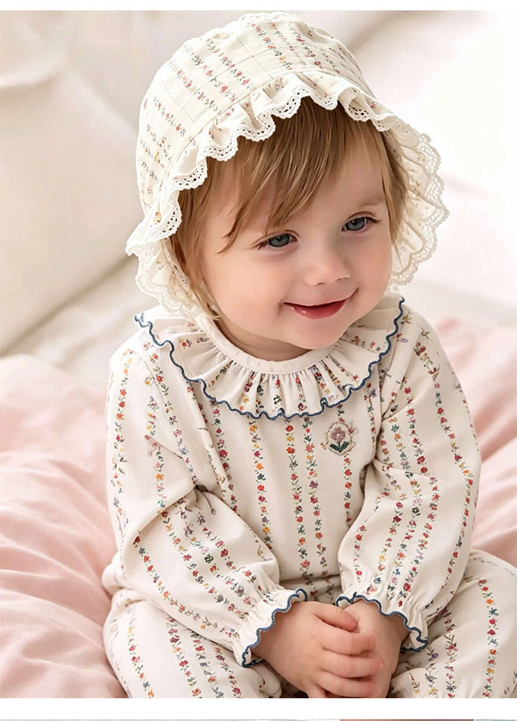 Bebé: pelele de manga larga con cuello de volantes y estampado de florecitas【mh0013962】