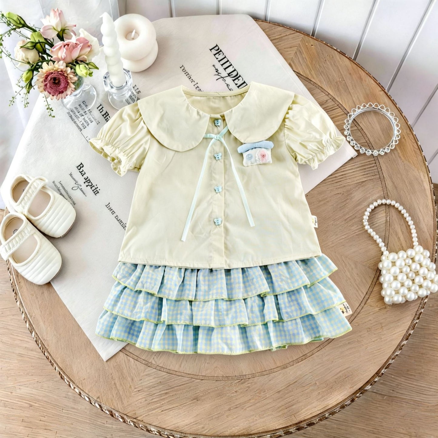 Gingham Ruffle Layered Skirt Doll Shirt Set チェック 半袖ブラウス キュロットスカート セット【mh0013437】