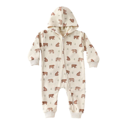 長袖ジャンプスーツ フーディジップアップ クマ柄 裏起毛【mh0011714】