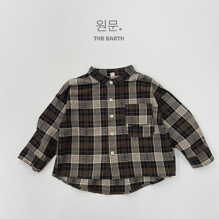 キッズ チェック バンドカラー ルーズ 長袖シャツ【mh0013930】