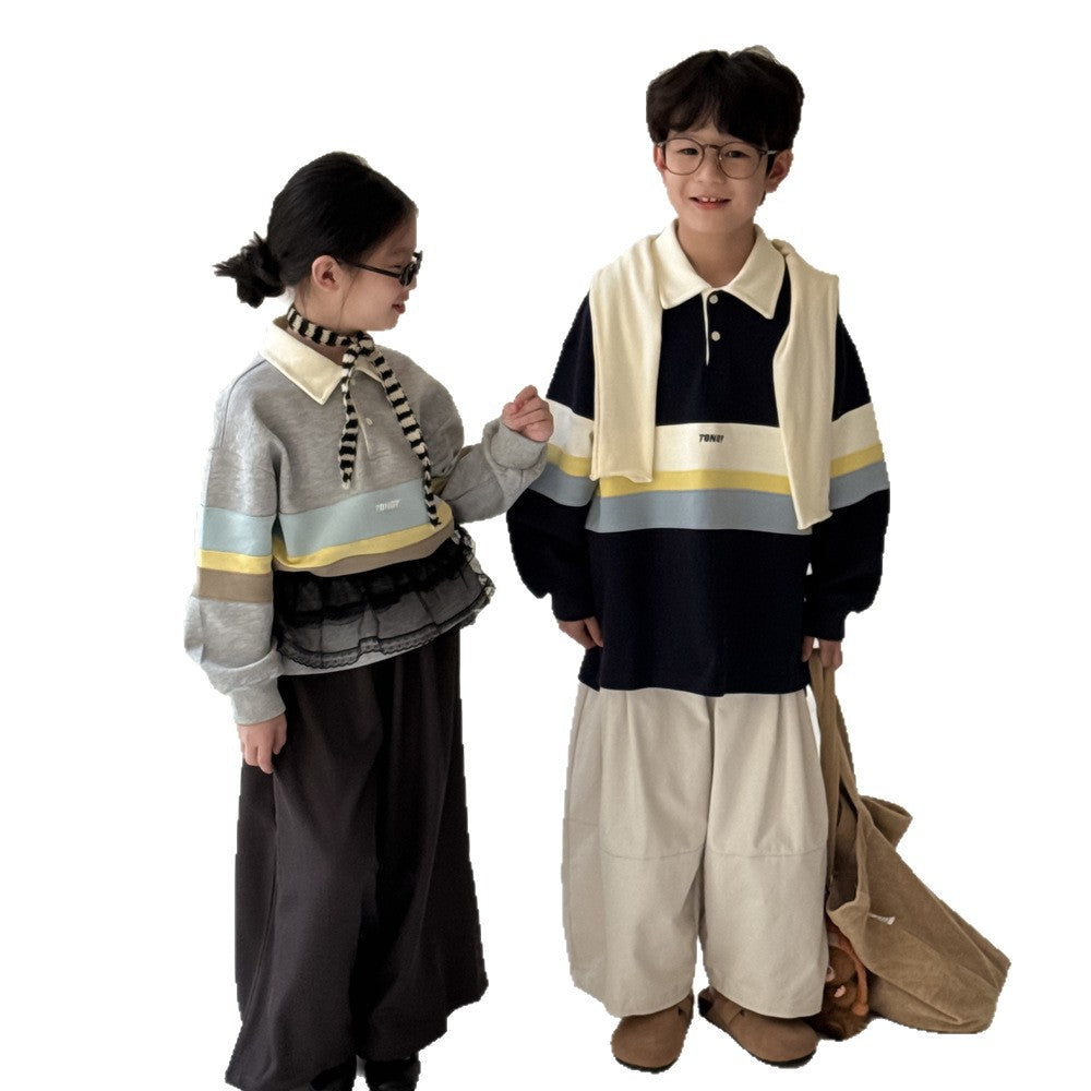 -ビッグボーダー長袖スウェットポロシャツ ロゴ刺繍入り襟付きトップス【mh0010779】 - mamahalo shop - 長袖シャツ・ブラウス -  べビー服 - 子供服 - 男の子 - 女の子