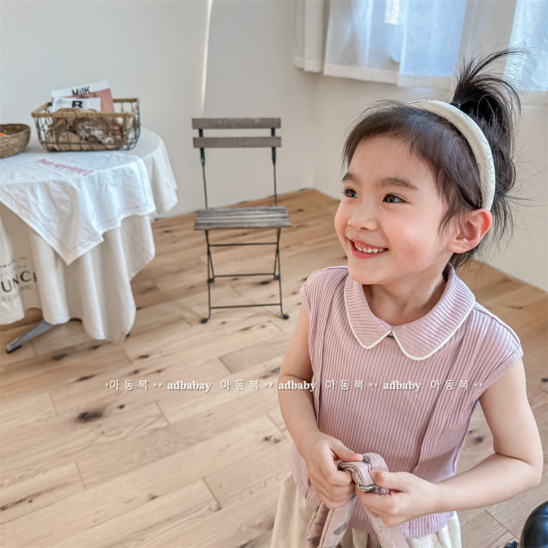 Kids' Ribbed Sleeveless T-shirt with Collar and Round Neck【mh0001795】