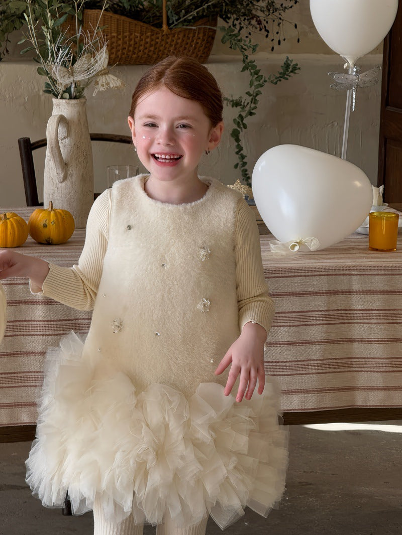 ノースリーブワンピース フリース ボリュームチュールスカート ビーズ刺繍【mh0011887】