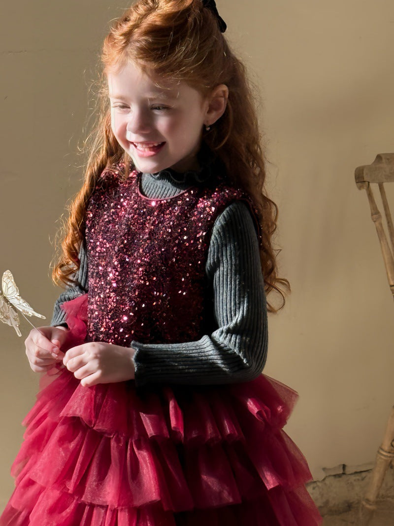 ノースリーブワンピース スパンコール メッシュチュチュスカート ドレス【mh0011894】