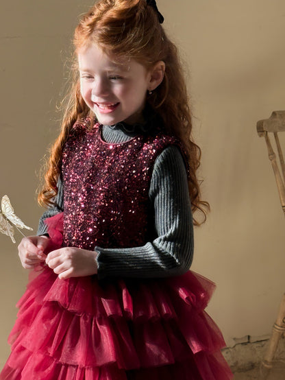 ノースリーブワンピース スパンコール メッシュチュチュスカート ドレス【mh0011894】