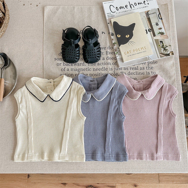 Kids' Ribbed Sleeveless T-shirt with Collar and Round Neck【mh0001795】