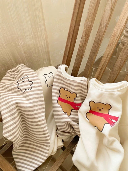 ベビー キッズ ベアプリント ボーダー 長袖Tシャツ ロングパンツ セット【mh0014640】